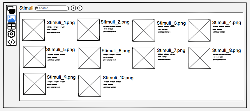 The image shows the Stimuli tab with 10 blank images. The images are called Stimuli_1.png, Stimuli_2.png, and continues up to Stimuli_10.png