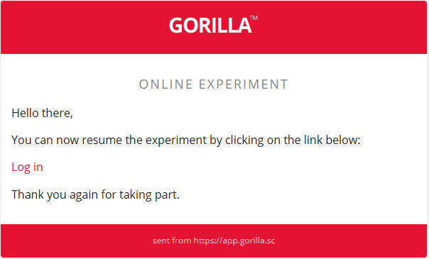 Email received by participants after a delay node reminder, telling them to rejoin the experiment.