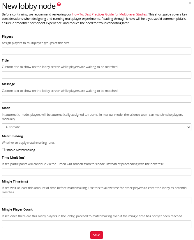Screenshot of the fields you can edit in the Lobby Node, both Title and Message can be customised to be in the desired language.