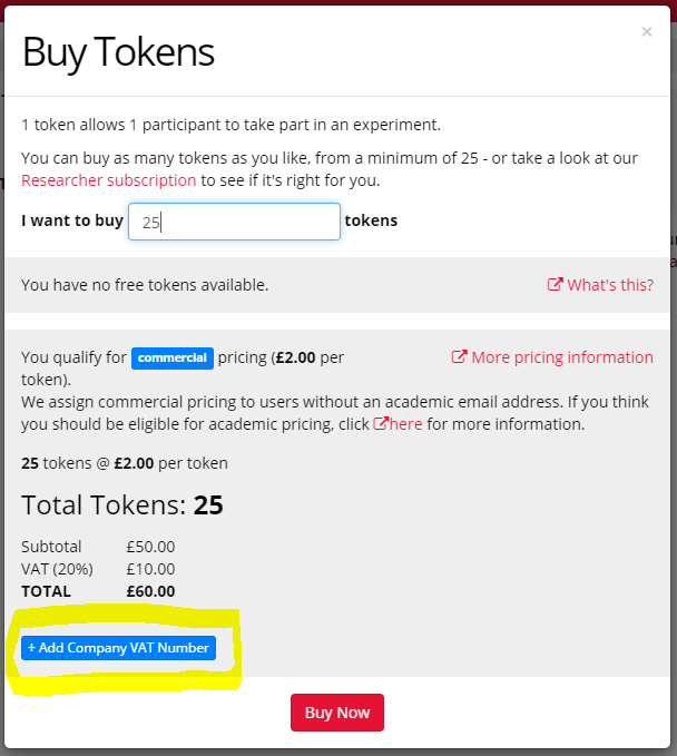 Click '+Add company VAT number' button on the Buy Tokens popup