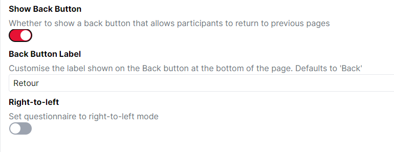 A screenshot of the Settings tab in Questionnaire Builder 2 where the Back button is toggled on and its label has been changed to 'Retour'