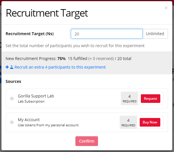 Recruitment target popup to request tokens from subscription or buy new ones