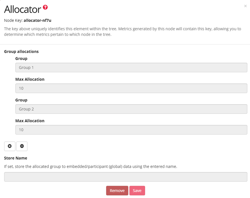 A screenshot of the Allocator Node configuration settings. Group allocation name and maximum allocation fields are shown. A field to store the allocated branch is also shown.
