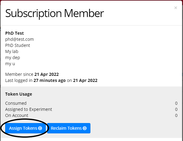 Screenshot of the Subscription Member window. The 'Assign Tokens' button is highlighted