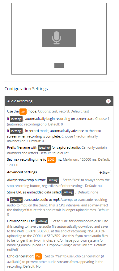 Screenshot of the Audio Recording Zone and configuration settings in the Task Builder