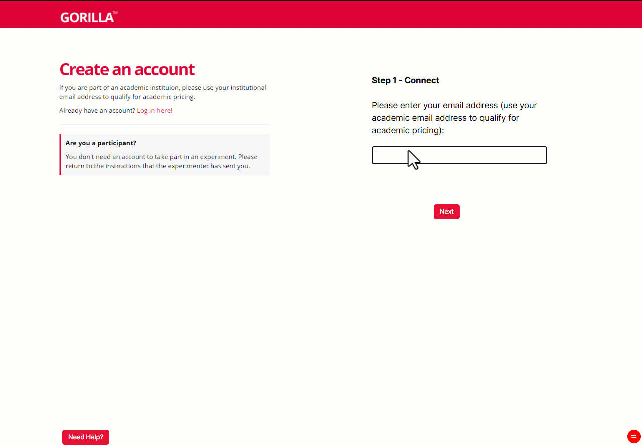 A Gif showing an example Task where participants sign up to a website and can ask a chatbot for help.