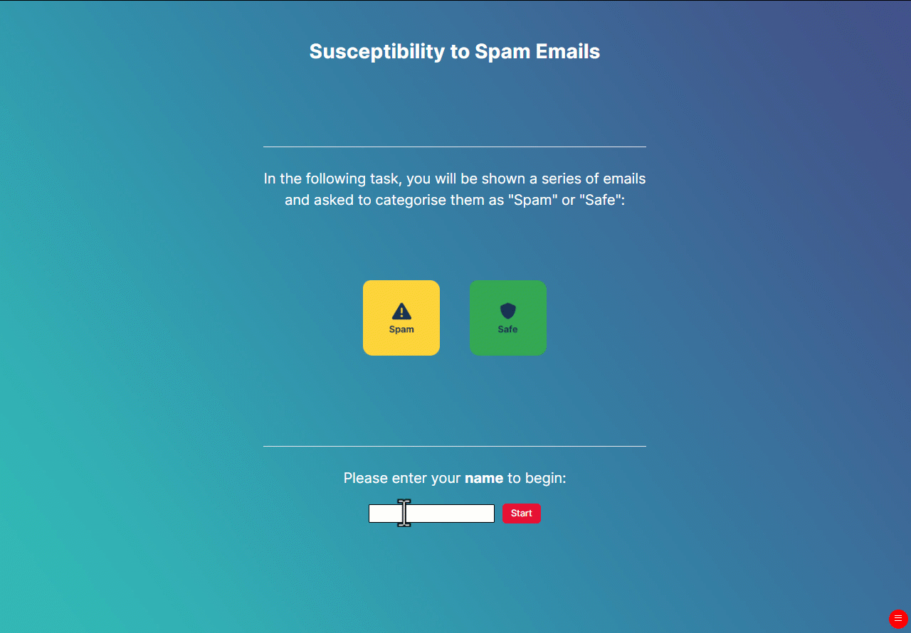 A Gif showing an example Scam email task where participants say whether an email is spam or safe.