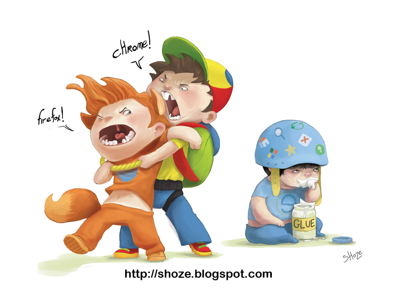 Internet browsers drawn as children. Firefox and Chrome are fighting and Internet Explorer is eating glue.