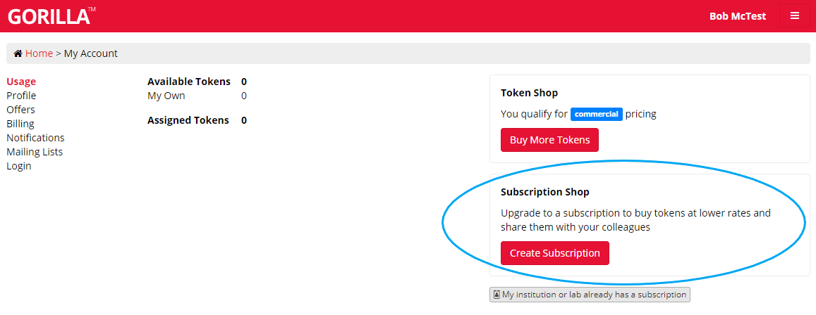 A screenshot of the My Account page. On the right, 'Subscription Shop' and the 'Create Subscription' button are circled.