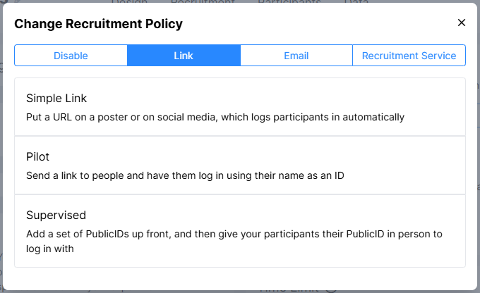 A screenshot of the recruitment popup window when changing Recruitment Policy.