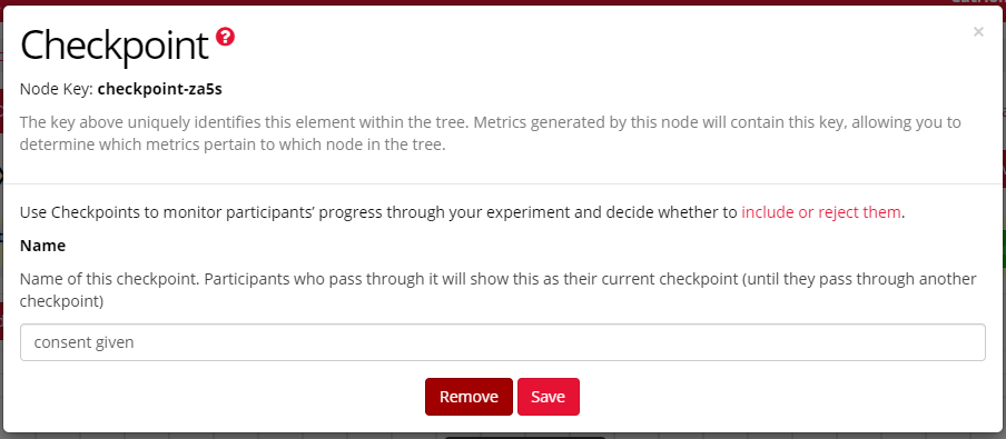 Checkpoint Node configuration pop-up window in the Experiment Tree
