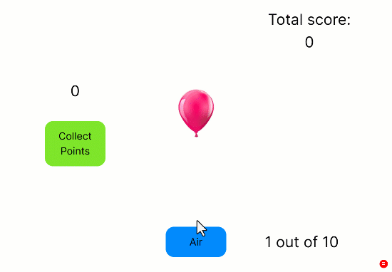 A gif of an example BART from the participant's view. On each trial, participants are presented with a balloon and the option to inflate the balloon by clicking 'Air' or cash out by clicking 'Collect points'.