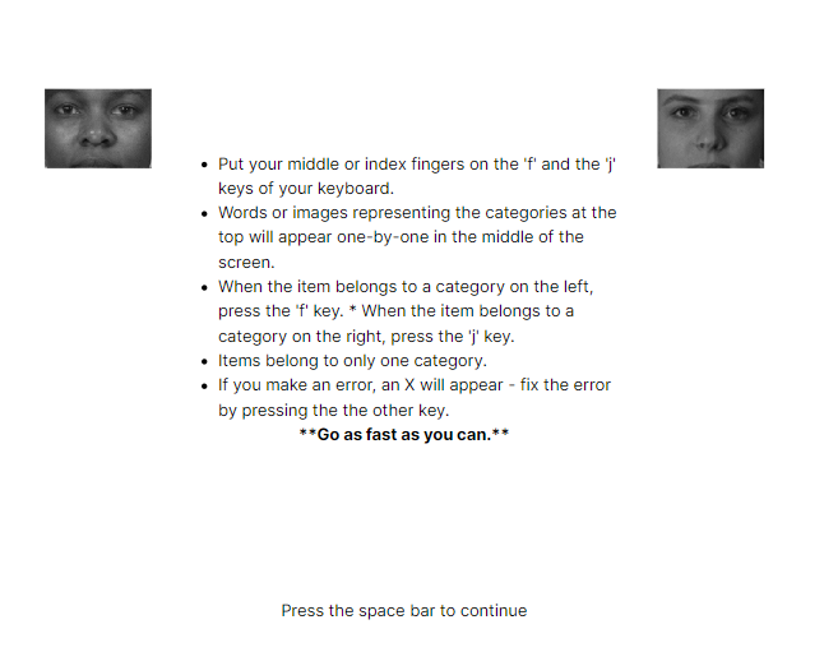 An image of the instructions screen of the IAT task. Participants must categorise words or images using the F and J keys on their keyboard.