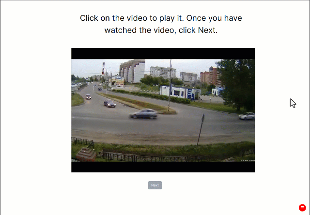 A GIF of the Misinformation Effect task in Gorilla. A video clip of a car crash is followed by a question about the speed of the cars