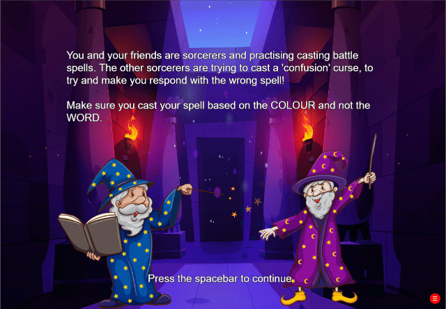 GIF of a gamified Stroop task with congruent and incongruent word-colour stimuli