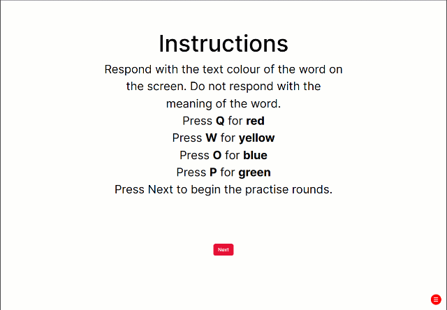GIF of a Stroop task with congruent and incongruent word-colour stimuli