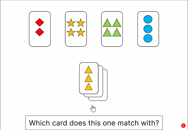 A GIF of trials in the WCST task, where one target card is presented and four reference cards can be chosen from.