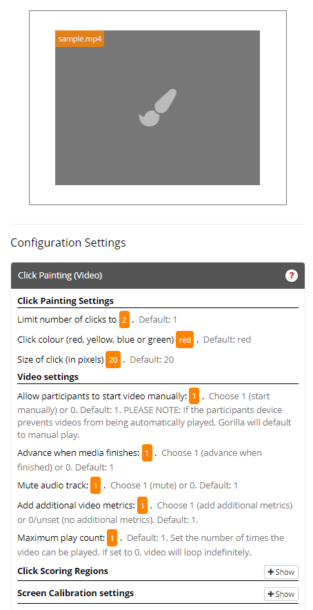 Screenshot of the configuration settings for the Click Painting (Video) Zone