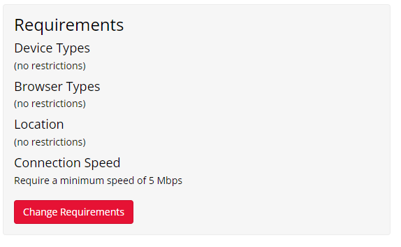 A screenshot of the requirements. A connection speed requirement of 5Mbps has been set.