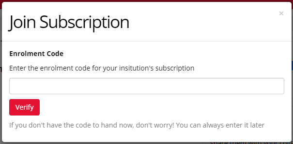 Screenshot of the 'Join Subscription' window showing the text box to enter the enrolment code