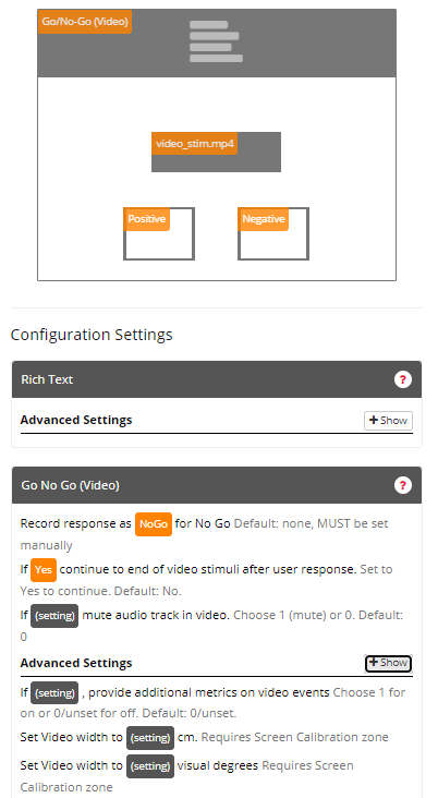 Screenshot of the Go/No-Go (Video) Zone and configuration settings in the Task Builder