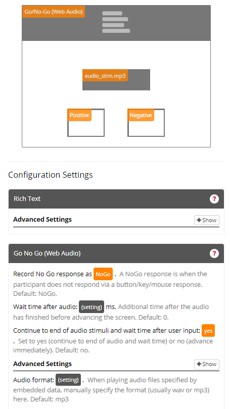 Screenshot of the Go/No-Go (Web Audio) Zone and configuration settings in the Task Builder
