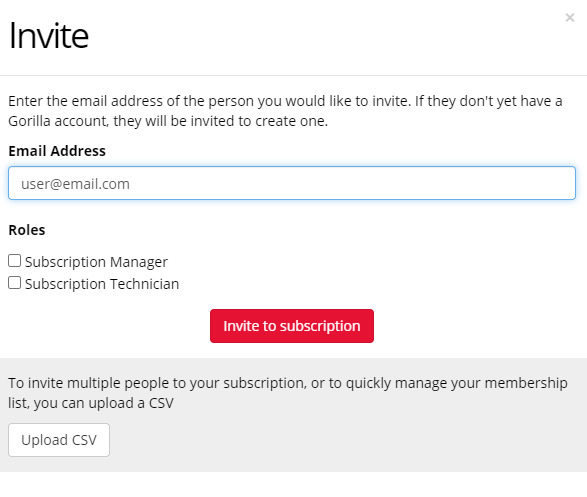A screenshot of the Invite via email window of the subscriptiong tools.