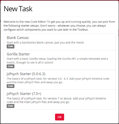 The Code Editor wizard allows you to select 'jsPsych Starter'