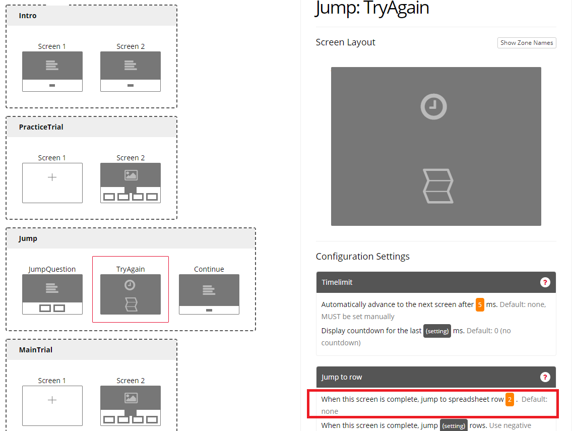 A screenshot of the display where Jump to Row functionality has been implemented, the Jump to Row settings have been highlighted.