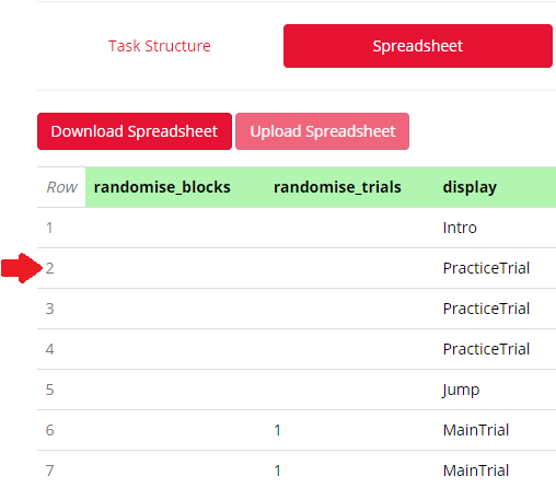 A screenshot of the spreadsheet that allows the Jump tot Row functionality to be implemented.