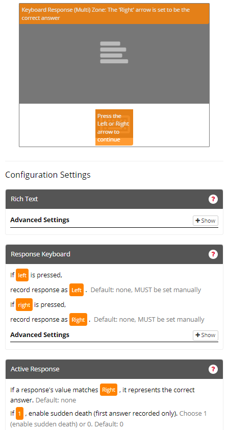 Screenshot of the Keyboard Response (Multi) Zone and configuration settings in the Task Builder