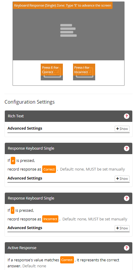 Screenshot of the Keyboard Response (Single) Zone and configuration settings in the Task Builder