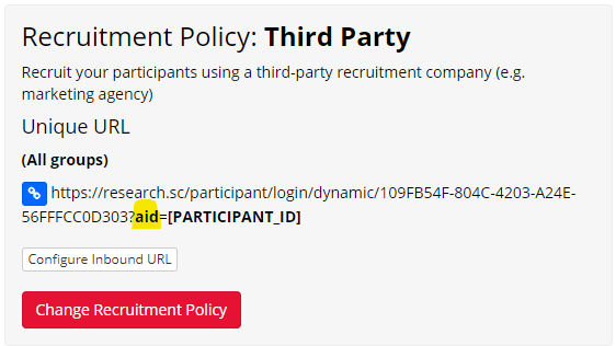 Screenshot of 3rd Party recruitment policy showing unique URL. external_id has been replaced with aid