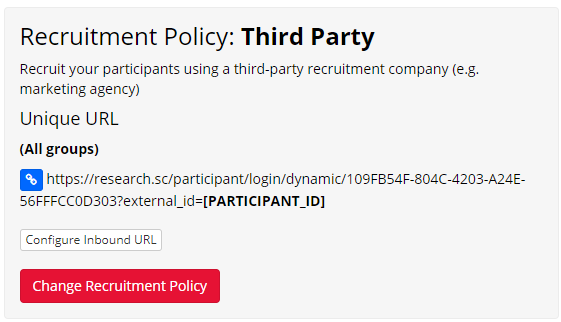 Screenshot of 3rd Party recruitment policy showing unique URL including ?external_id=[PARTICIPANT_ID] and 'Configure Inbound URL' button