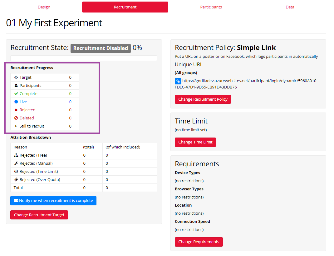 A screenshot of the recruitment tab, with the recruitment progress table highlighted.