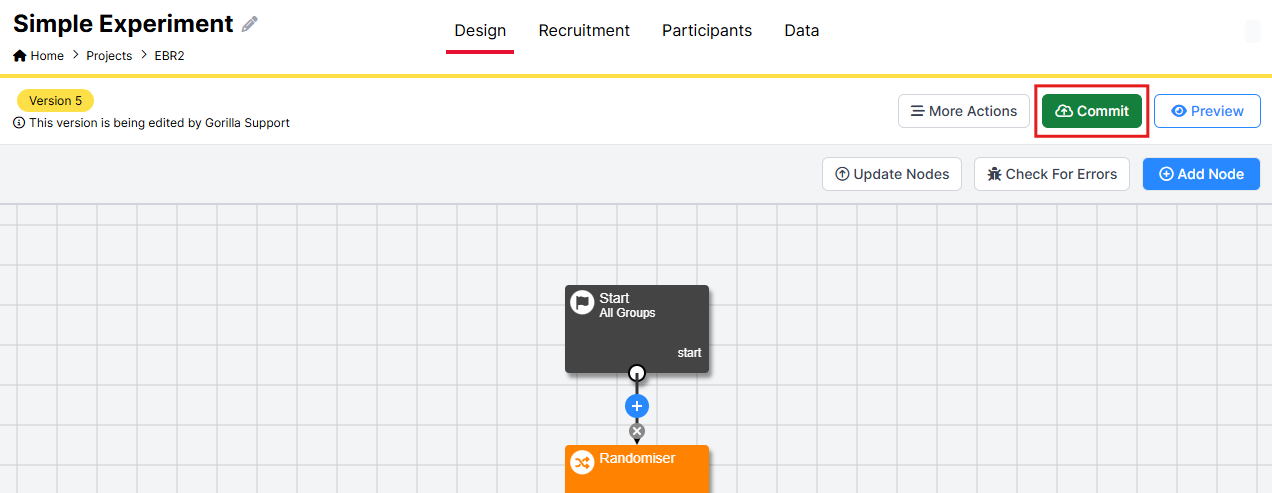 A screenshot of the New Experiment Builder. The green commit button has been highlighted with a red box.