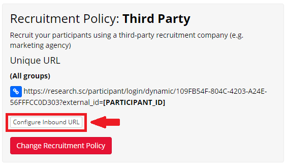 Screenshot of 3rd Party recruitment policy.'Configure Inbound URL' button is highlighted