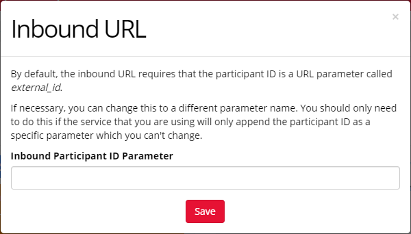 Screenshot of Configure Inbound URL window, containing a text field labelled 'Inbound Participant ID Parameter'