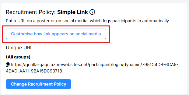 Screenshot of the Recruitment tab with Recruitment Policy set to Simple Link. 'Customise how link appears on social media' button is highlighted