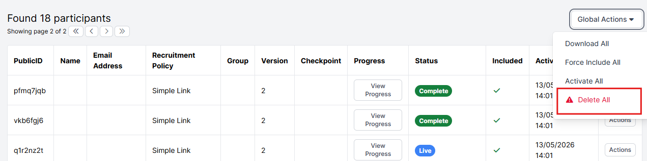 A screenshot of the Participants Tab in the Experiment Builder. The Global Actions button has been clicked to show the Delete All option.