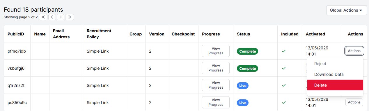A screenshot of the Participants Tab in the Experiment Builder. The Actions button has been clicked to show the Delete option.