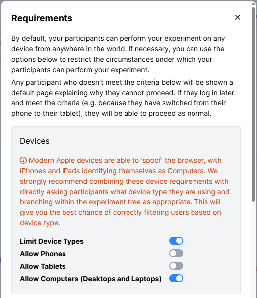 A screenshot of the Requirements. Limit Device types has been toggled on, showing the options to allow device types: Phones, Tablets, Computers (Desktops and Laptops). Only Computers is toggled to Allow