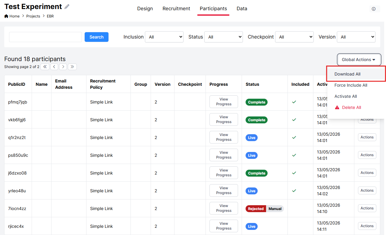 A screenshot of the Participants tab, with the Global Actions menu open and the Download All button highlighted.