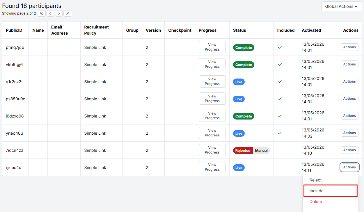 A screenshot of the Participants Tab in the Experiment Builder. The Actions button has been clicked to show the Include option.