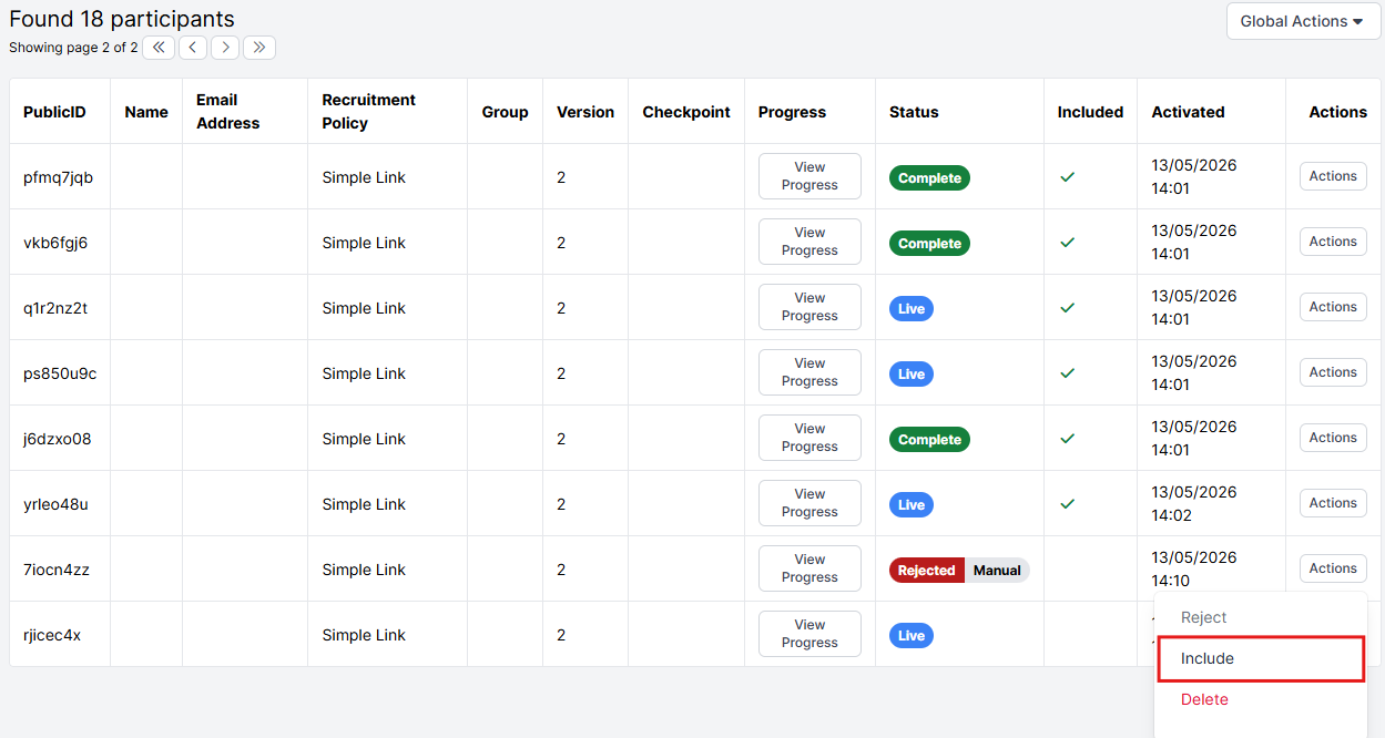 A screenshot of the Participants Tab in the Experiment Builder. The Actions button has been clicked to show the Include option.