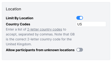 A screenshot of the Requirements. The Limit location has been clicked, showing the options to limit participants by location.
