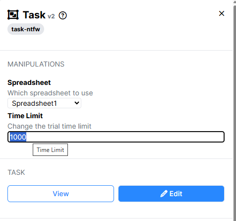 Screenshot of task node settings in New Experiment Builder showing Manipulation free text field