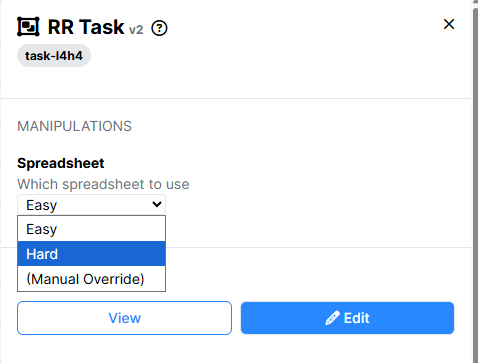 Screenshot of task node settings in New Experiment Builder showing Spreadsheet dropdown