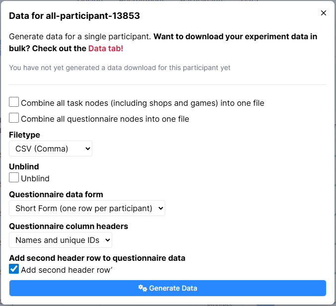 A screenshot of the data generation window for an individual participant.