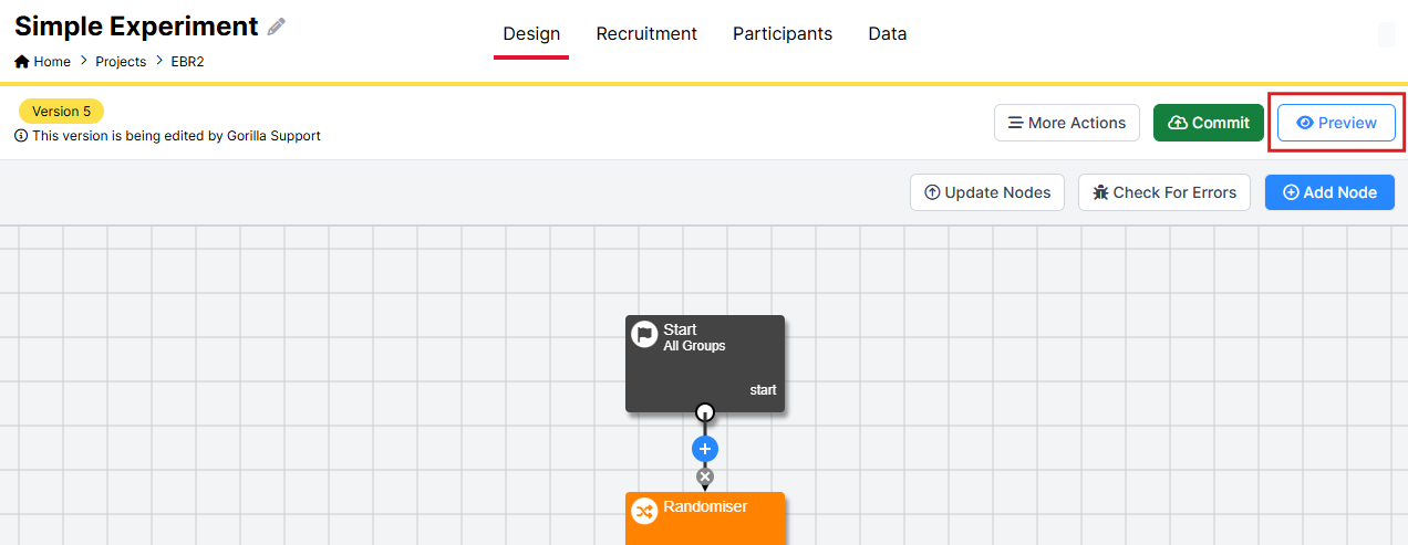 A screenshot of the New Experiment Builder. The preview button has been highlighted with a red box.